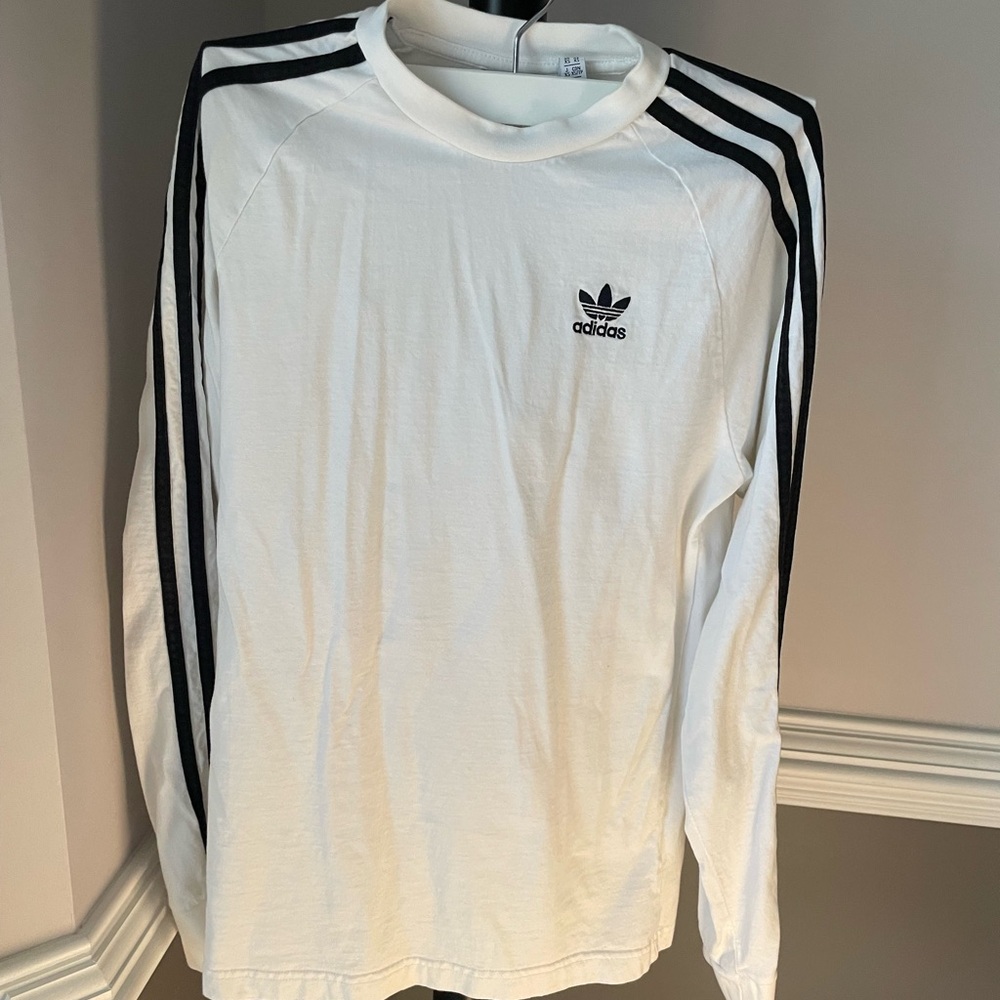 Adidas women’s White Long Sleeve Tee with Black Stripes